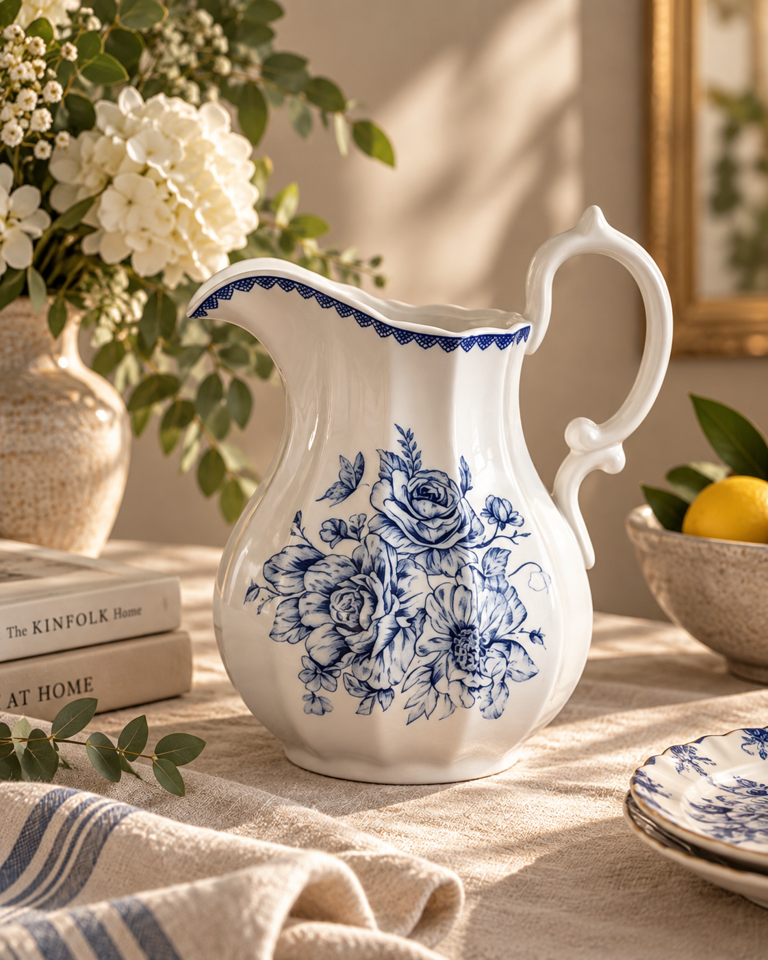 Blue Floral Ceramic Pitcher