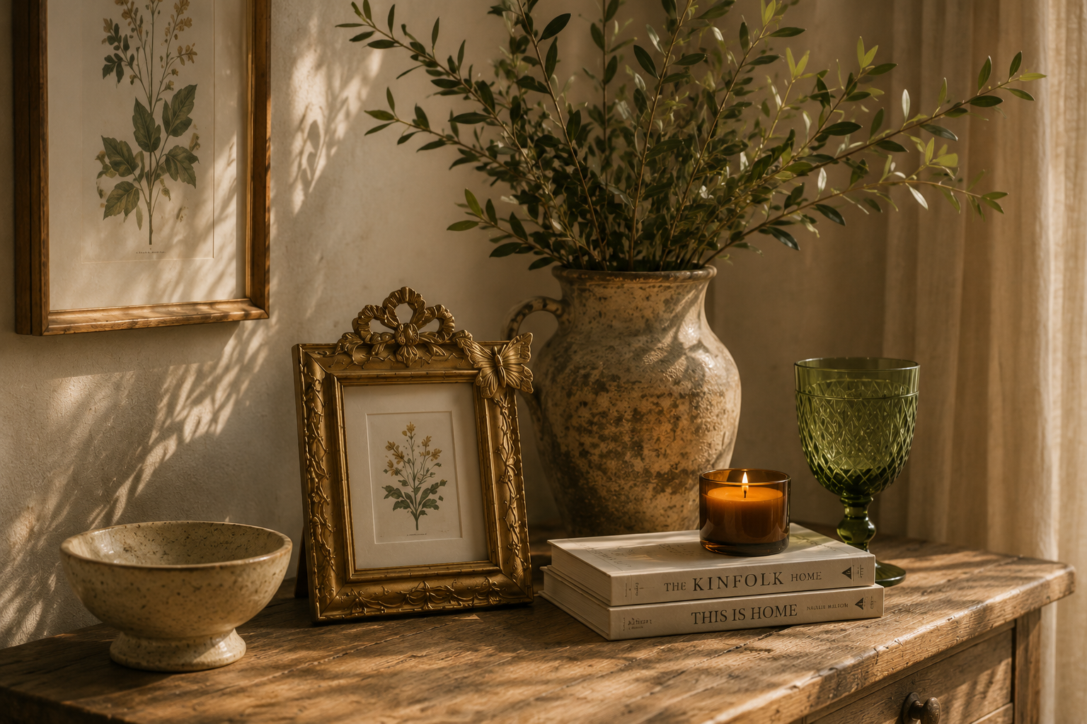 Decorative console with botanical art, books, candle, ceramics and green glass