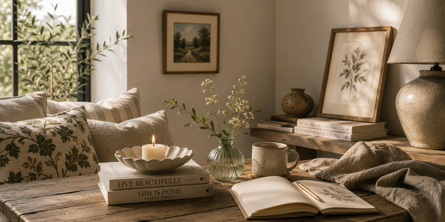 Warm interior with books, ceramics, flowers and thoughtful decorative details