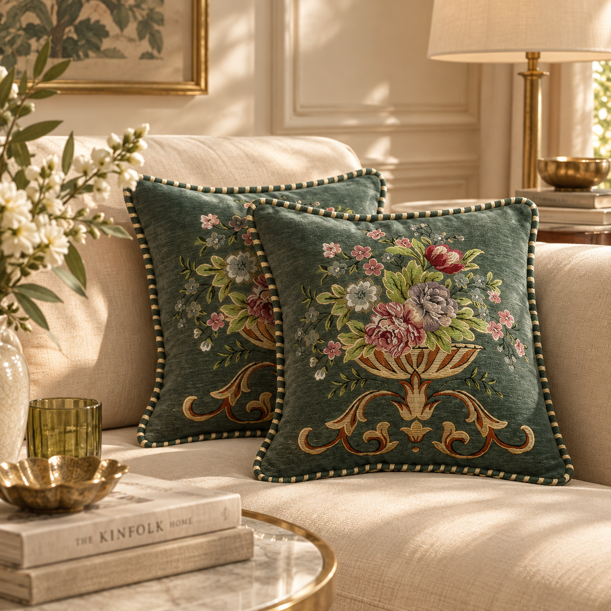 Green embroidered floral cushion covers