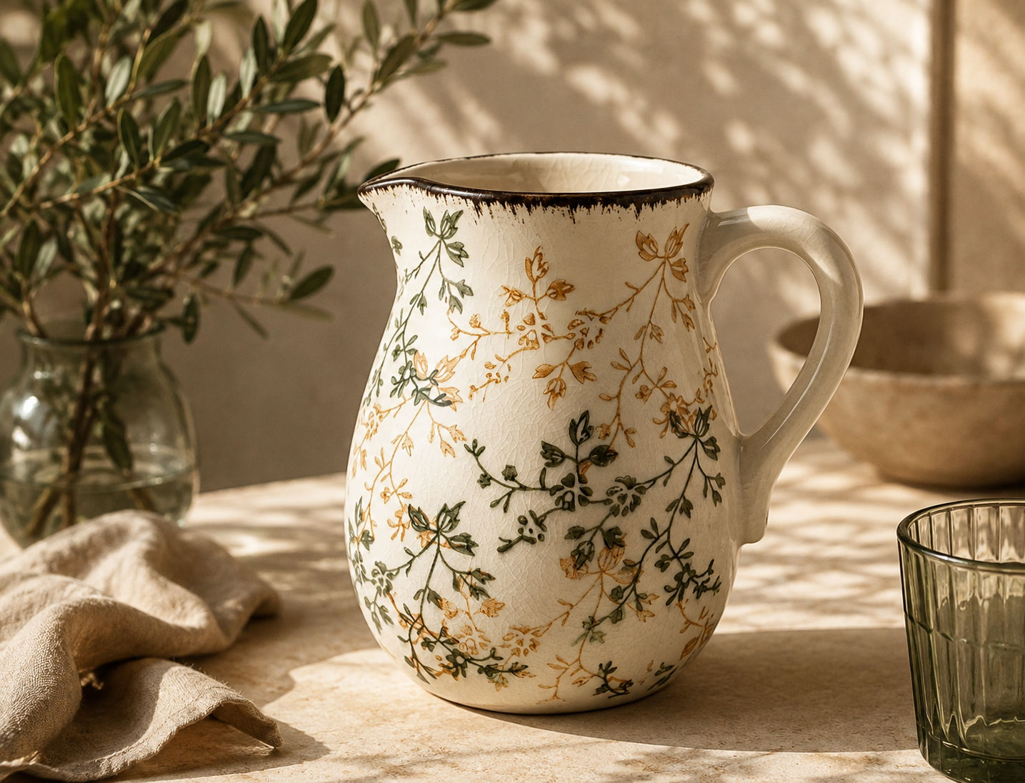 Botanical vintage ceramic pitcher